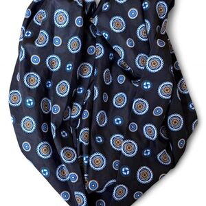 Silky Black Scarf with Blue & Brown Medallion Print